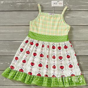 PETE + LUCY Lucky Ladybug Green Plaid Ruffle Sleeveless Dress 12-18 Months NEW
